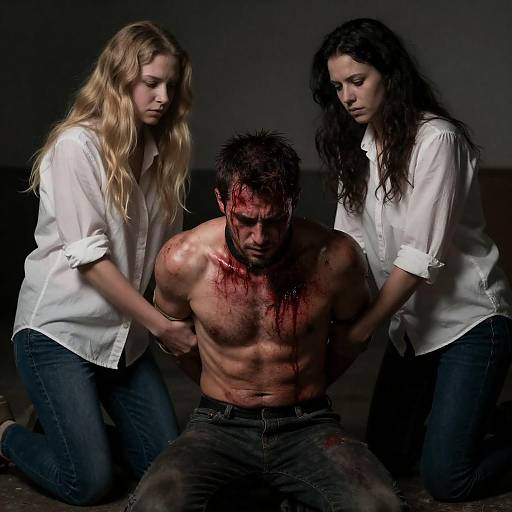 Kneeling, Bloodied Man Restrained by Women