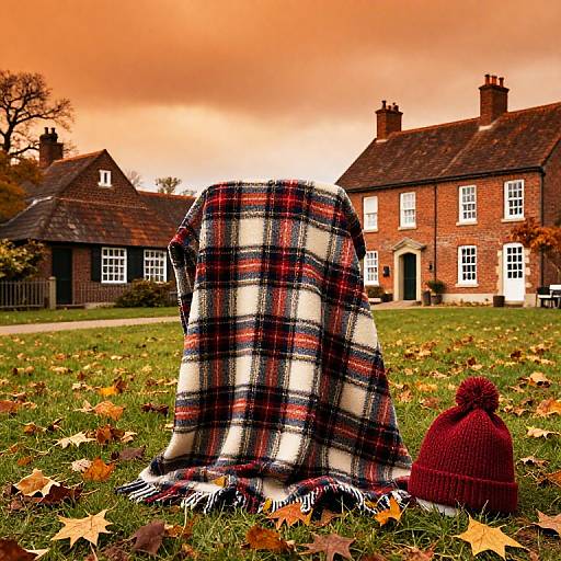 Photograph of a plaid blanket draped over a person, wearing a red knit hat, in an autumnal grassy yard with falling leaves, in
