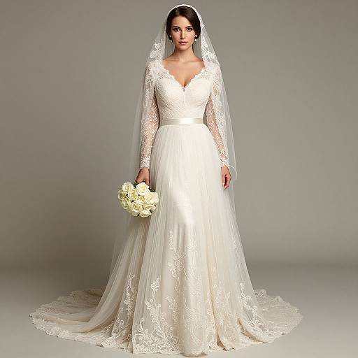 Photograph of a brunette woman in a white lace wedding dress with long sleeves, deep V-neck, and veil, holding a bouquet of white roses,