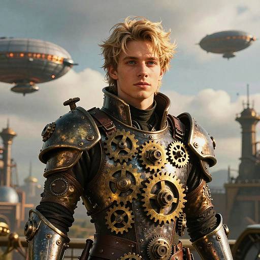 Photograph-style CGI of a blonde, blue-eyed man in steampunk armor with large gears, standing against a futuristic sky with airships.