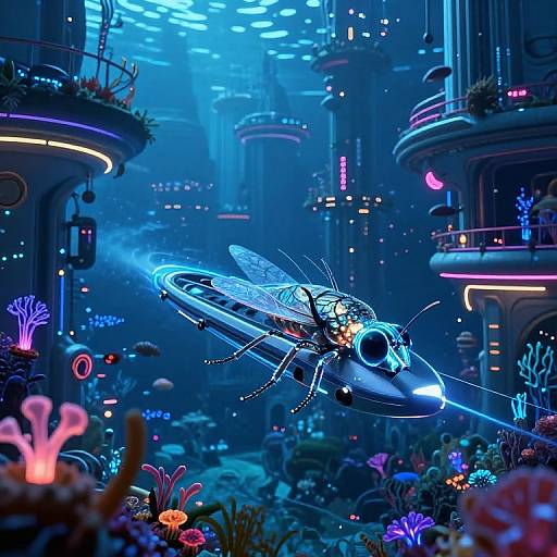 Digital illustration of a glowing, futuristic insect-like spaceship flying through a vibrant, neon-lit underwater city with colorful coral reefs and illuminated buildings.