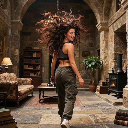 Photograph of a smiling, long-haired woman in a black crop top and loose cargo pants, mid-spin in a cozy, stone-walled library with