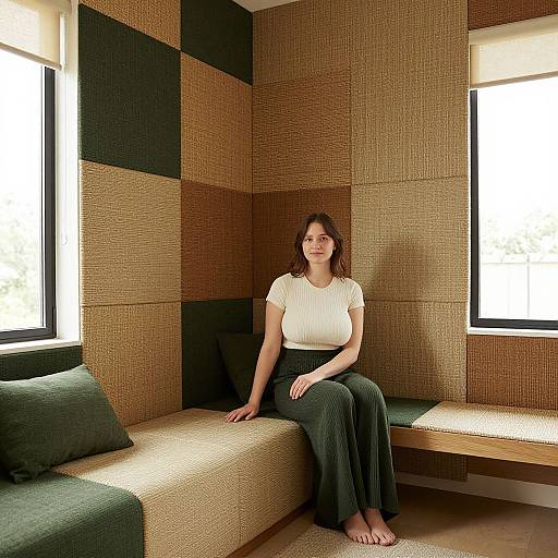 Photograph of a woman with wavy brown hair, wearing a white ribbed shirt and black pants, sitting on a textured, beige and green sectional