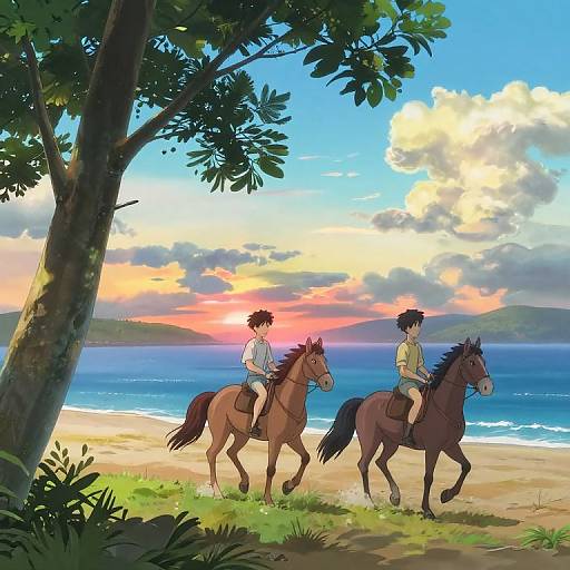 Anime-style digital drawing of two young boys riding horses along a beach at sunset, with a colorful sky and tree in the foreground.