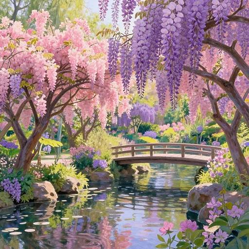 Digital art of a vibrant garden with a wooden bridge over a reflective pond, surrounded by pink and purple wisteria flowers. Sunlight filters through lush