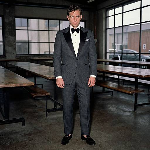 Photograph of a handsome man with short brown hair, wearing a black tuxedo with a black bow tie, white shirt, and black dress shoes