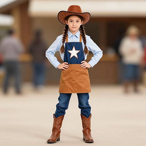 Photograph of a young girl with light skin, brown hair in braids, wearing a brown cowboy hat, blue shirt, denim apron with white