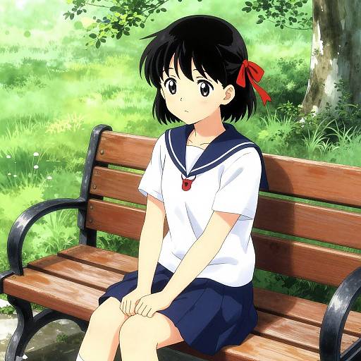 Cute Anime School Girl in Park