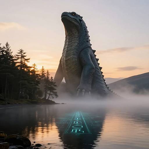 Photograph of a massive, silhouetted, dragon-like creature standing in a misty lake at sunset, with neon runes glowing on the water