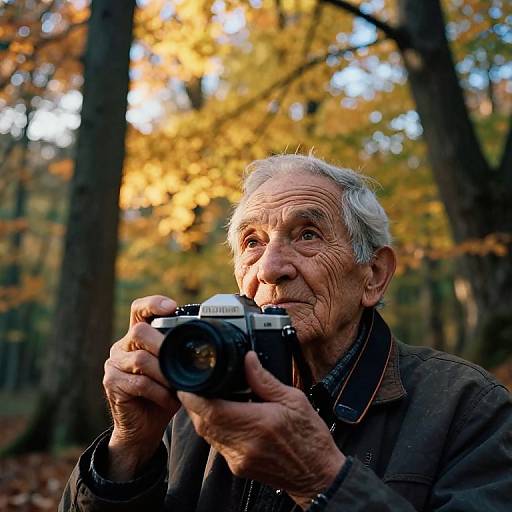Photograph of an elderly man with gray hair, holding a Canon camera, focused on taking a photo in a forest with autumn leaves in the background.