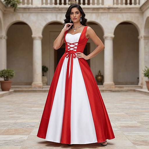 Photograph of a stylish Latina woman with long black hair, wearing a red and white full-length ball gown with crisscross lace-up detail, standing