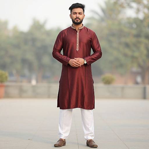 Photograph of a bearded South Asian man in a maroon traditional long kurta with white pants and brown shoes, standing outdoors with blurred greenery