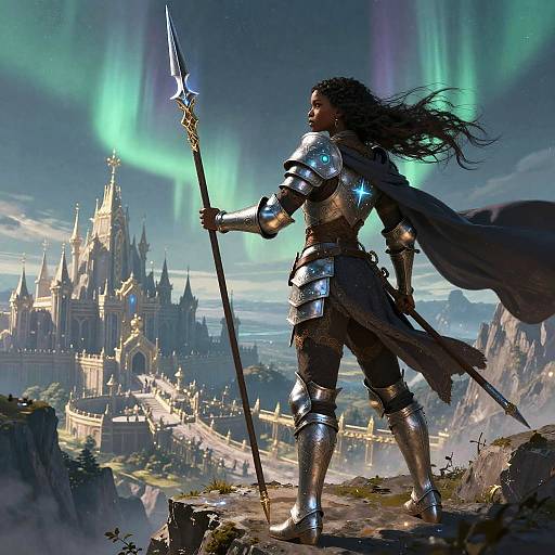 Epic digital artwork of a muscular, dark-skinned warrior with long black hair, clad in silver armor, standing on a cliff, holding a spear