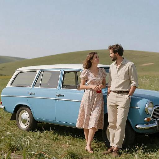 Couple by Vintage Station Wagon on Grassy Hill