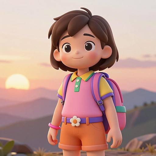 3D Cartoon Girl with Backpack at Sunset