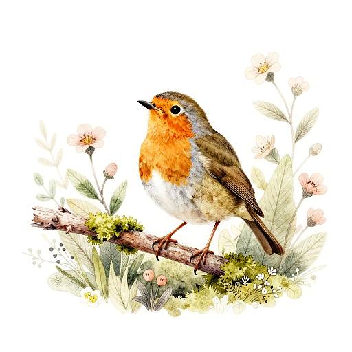 Whimsical Robin on Mossy Branch
