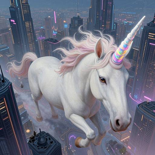 Digital artwork of a white unicorn with a multicolored horn flying above a neon-lit, futuristic city skyline at night.