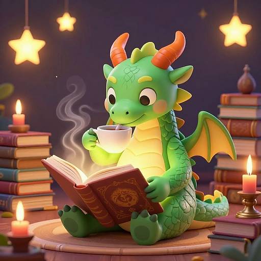 Cute CGI dragon with green scales and orange horns reads a book, holding a steaming cup, surrounded by candles and books.