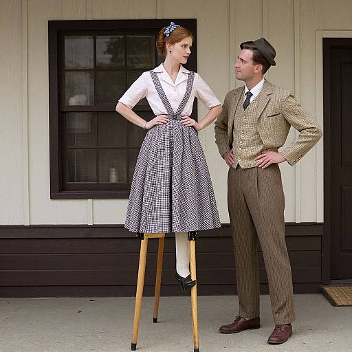 Photograph of a 1940s-dressed man and woman. Woman in white blouse, black-and-white checkered skirt, and stockings stands on