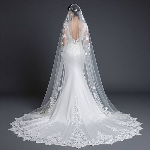 Photograph of a bride in a white lace wedding dress with a long, flowing veil, standing against a dark gradient background.