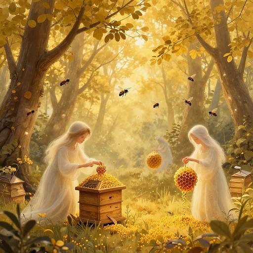 Two ethereal, white-robed women harvest honey in a sunlit, golden forest, surrounded by bees and wooden hives. Magical, serene digital