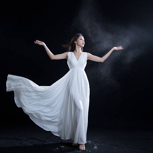 Photograph of a graceful woman in a flowing white dress, arms outstretched, dancing against a dark, misty background. Her dress billows