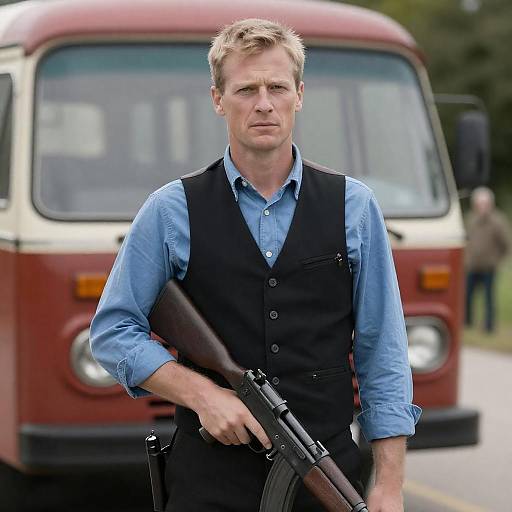 Man with Rifle by Vintage Bus