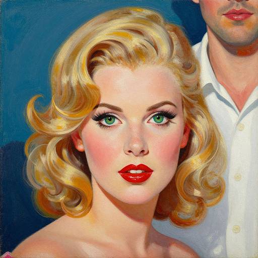Digital painting of a blonde woman with vibrant green eyes, red lipstick, and curled hair, standing beside a partially visible man in a white shirt against a