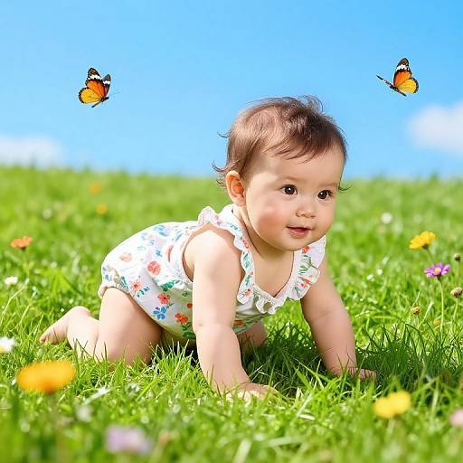 Photograph of a curious baby with short brown hair, crawling on vibrant green grass, wearing a white floral onesie, with two orange butterflies flying above
