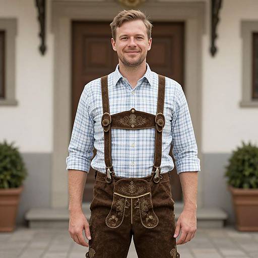 Photograph of a smiling, light-skinned man with short blonde hair, wearing a blue checkered shirt and brown Bavarian leather suspenders and pants