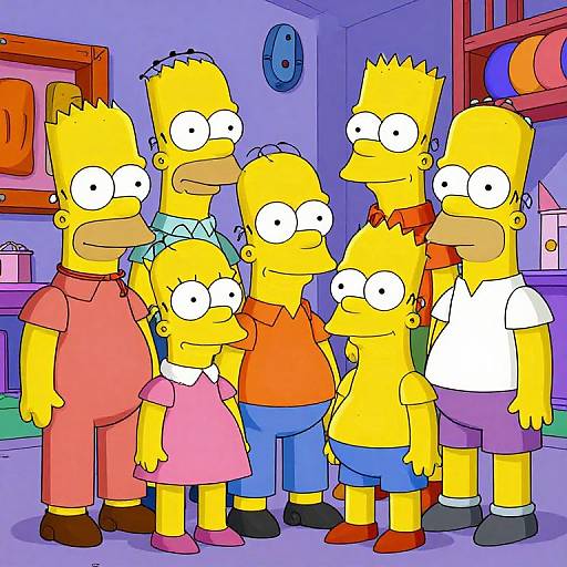 Cartoon image of the Simpson family: six yellow-haired characters in colorful clothes, standing in a purple-lit room, smiling.