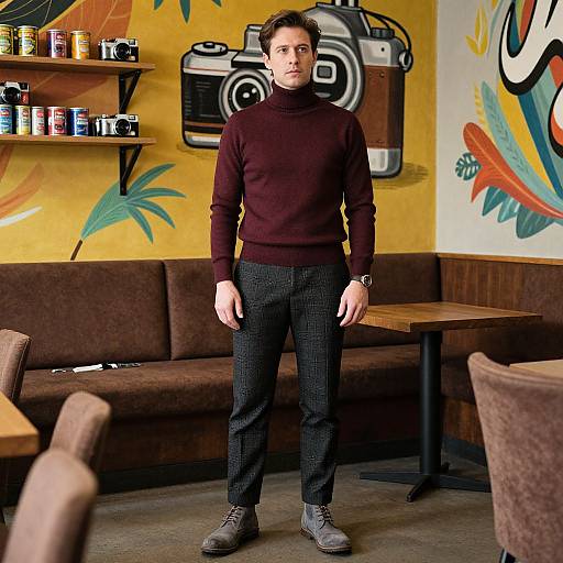 Photograph of a young white man with short brown hair, wearing a maroon sweater, black checkered pants, and gray shoes, standing in a