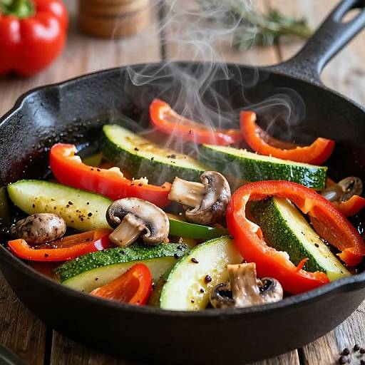 Photograph of a black cast-iron skillet filled with sautéed zucchini, red bell peppers, mushrooms, and sprinkled with black pepper