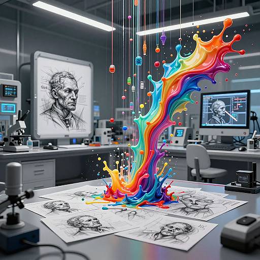 Photograph of a modern art studio with grayscale pencil portraits on the desk, splashing vibrant digital paint in rainbow hues, surrounded by computer monitors and lab