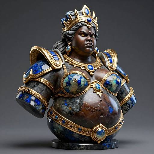 Photorealistic sculpture of a regal, dark-skinned woman with a pregnant belly, adorned with a gold crown, blue gemstone armor, and