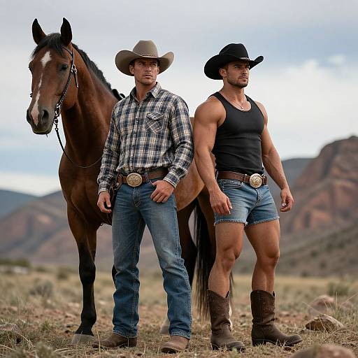 Photograph of two muscular men in cowboy hats and western attire, standing side-by-side with a brown horse, against a mountainous landscape.