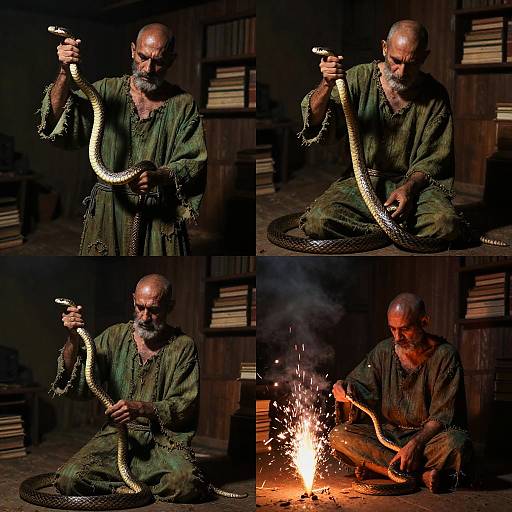 Photograph of a bald, bearded man in a green robe, sitting by a fire, smoking a hookah in a dimly lit library.