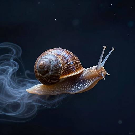Photograph of a glowing brown snail with a spiral shell and white speckled body, emitting wispy blue smoke, against a dark blue background