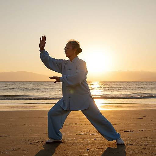 Photograph of an Asian man in blue traditional martial arts uniform performing a tai chi stance on a sandy beach at sunset, with the sun glowing behind him