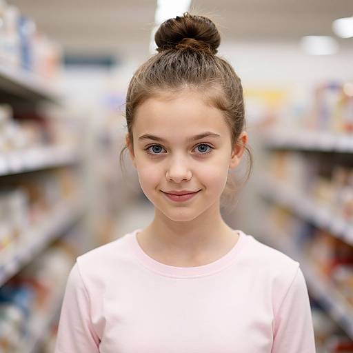 Photograph of a young girl with fair skin, blue eyes, and dark hair in a bun, wearing a pink shirt, standing in a brightly lit