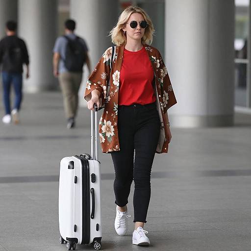 Blonde Woman in Floral Kimono with Suitcase