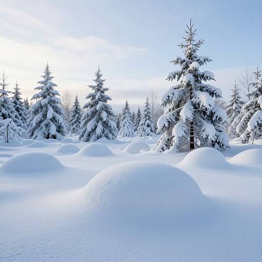 Photograph of a serene winter forest with snow-covered evergreen trees, soft white snowdrifts, and a bright blue sky, creating a peaceful