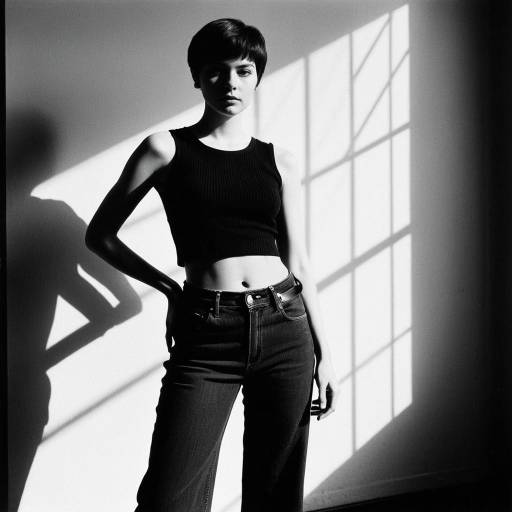 Black and White Portrait of Young Woman in High-Waisted Jeans