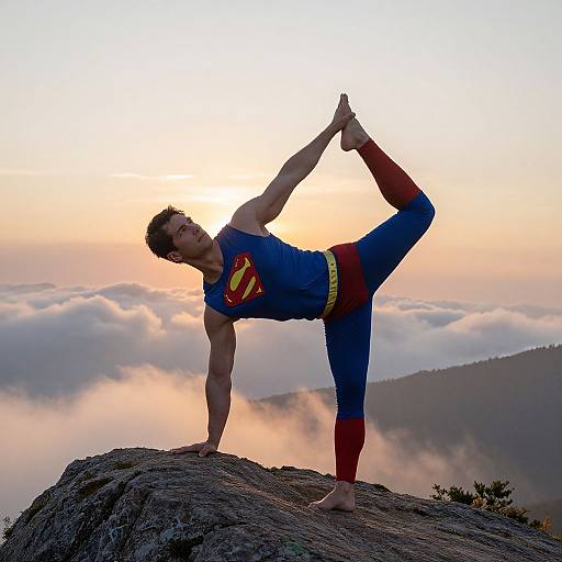 Photograph of a muscular man in a Superman costume balancing on a rocky cliff at sunrise, performing a yoga pose with mountains and clouds in the background.
