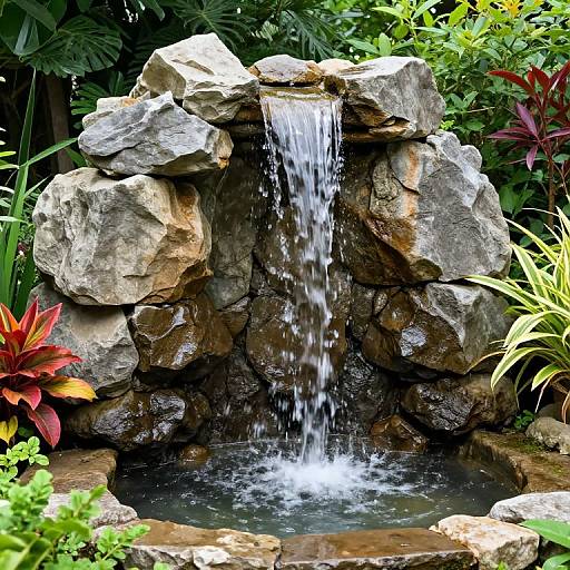 Photograph of a serene garden waterfall with cascading water over large, rough-textured rocks, surrounded by vibrant green and red plants.