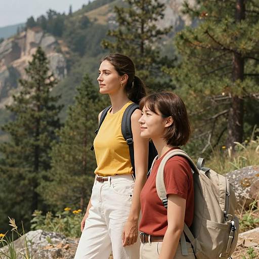 Two Women Hiking in Forested Mountains