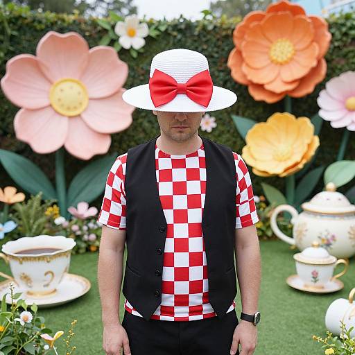Photograph of a man in a red-and-white checkered shirt, black vest, white hat with red bow, standing in a whimsical garden with