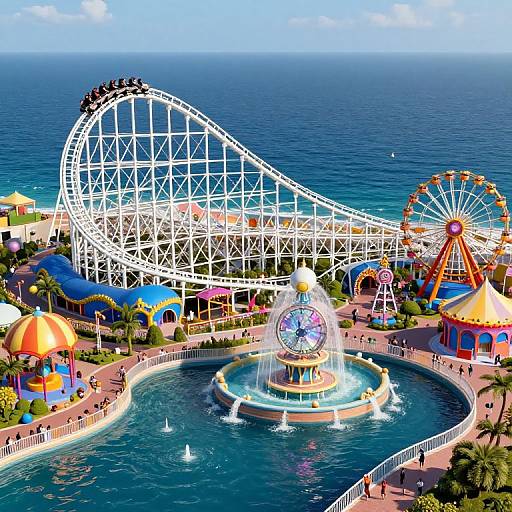 Vibrant photograph of a roller coaster curving over a colorful amusement park with a Ferris wheel, water fountain, and ocean backdrop.