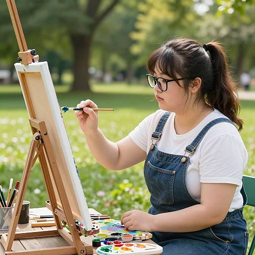 Photograph of an Asian woman with dark hair in a ponytail, wearing glasses, denim overalls, and white shirt, painting outdoors on an eas