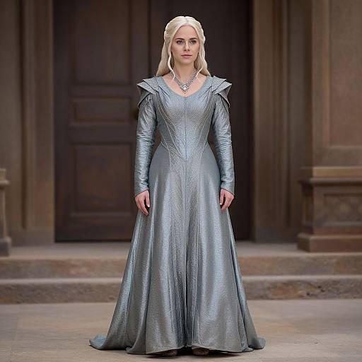 Photograph of a blonde woman in a medieval-style, silver, long-sleeved gown with a high collar, standing in front of a dark wooden